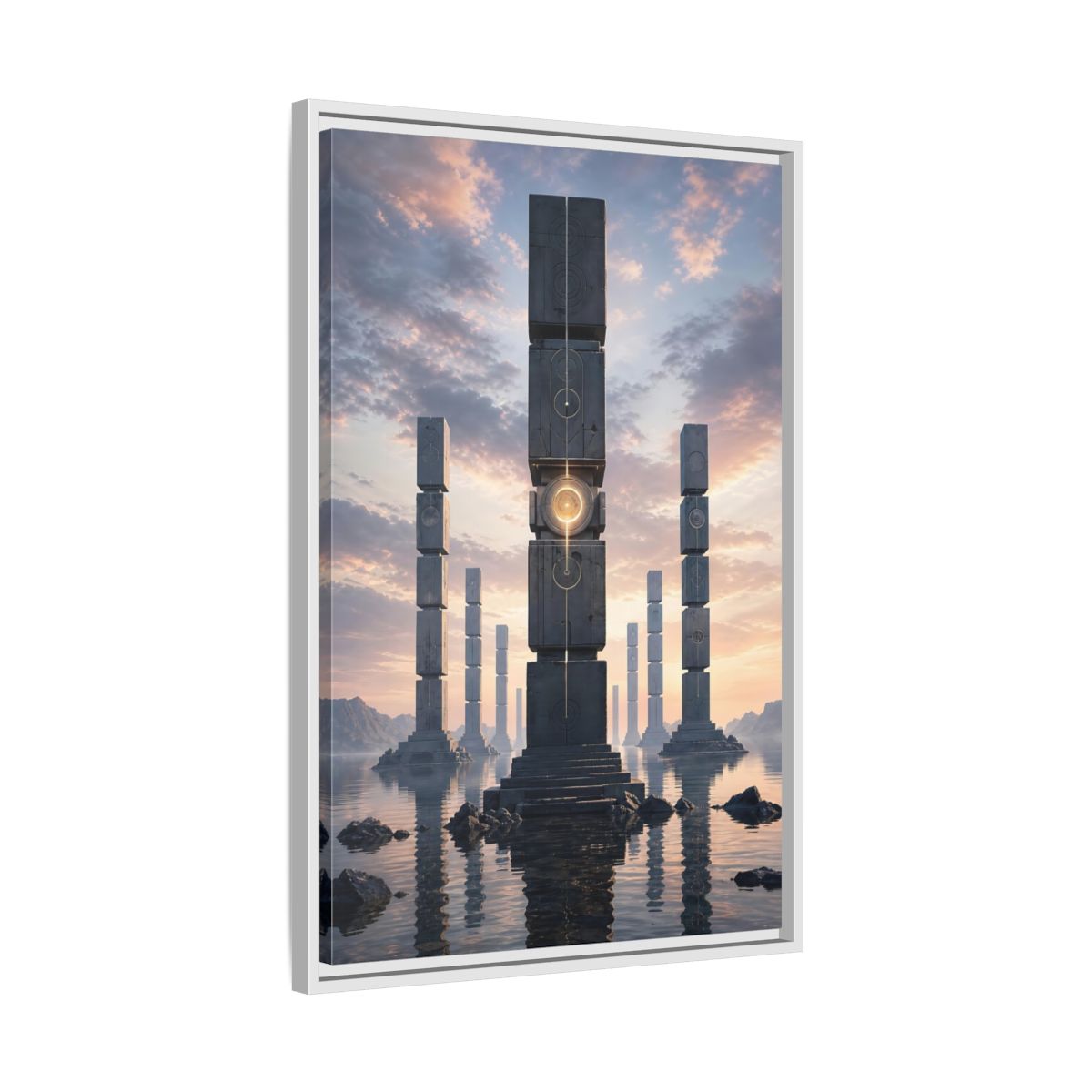Science Fiction Monolithic Structures Grey and Framed Canvas Wall Art - Futuristic Decor for Living Room shown as canvas wall art