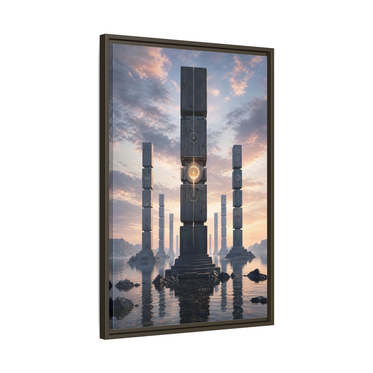 Science Fiction Monolithic Structures Grey and Framed Canvas Wall Art - Futuristic Decor for Living Room shown as canvas wall art