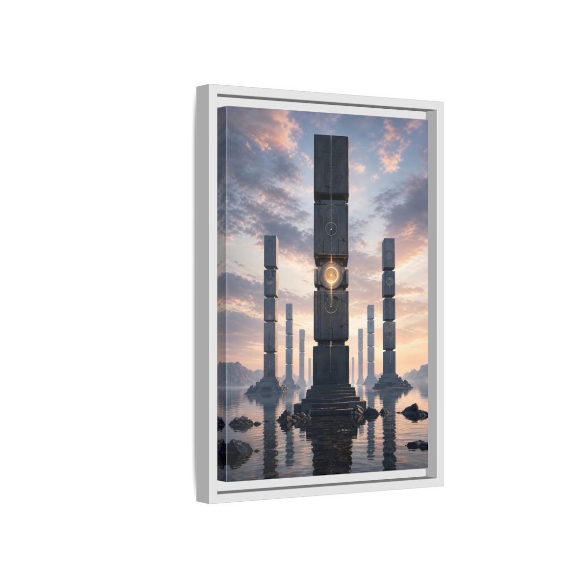Science Fiction Monolithic Structures Grey and Framed Canvas Wall Art - Futuristic Decor for Living Room shown as canvas wall art