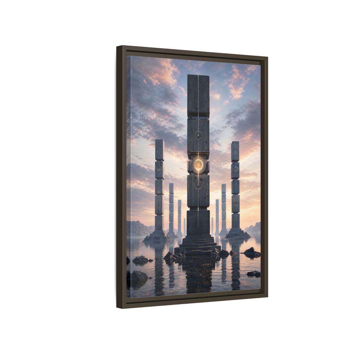 Science Fiction Monolithic Structures Grey and Framed Canvas Wall Art - Futuristic Decor for Living Room shown as canvas wall art
