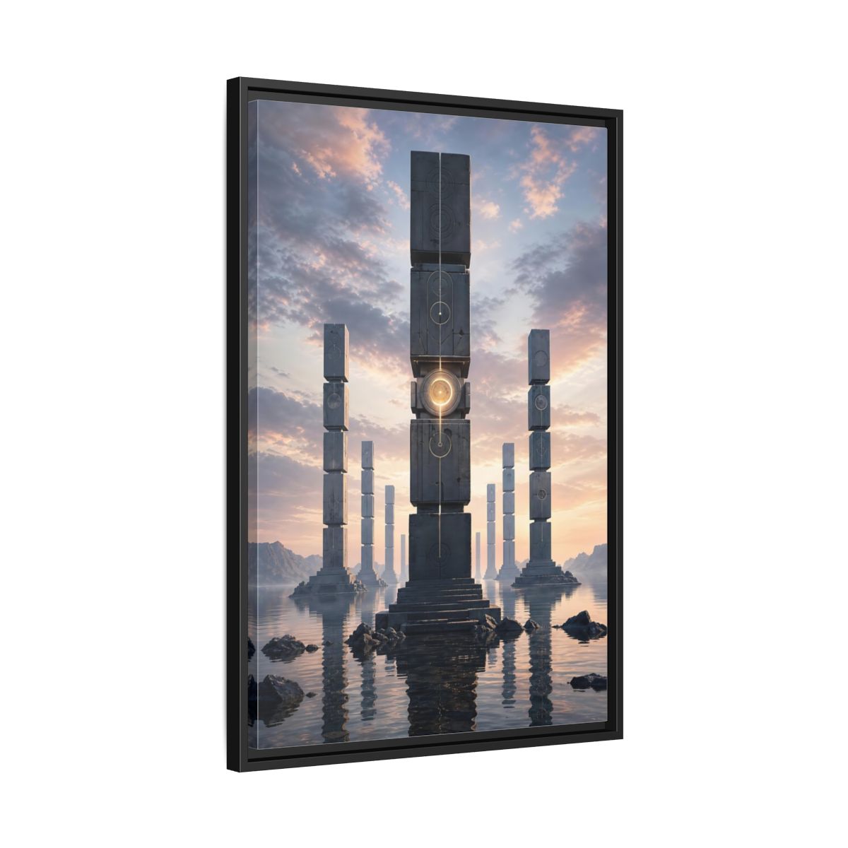 Science Fiction Monolithic Structures Grey and Framed Canvas Wall Art - Futuristic Decor for Living Room shown as canvas wall art