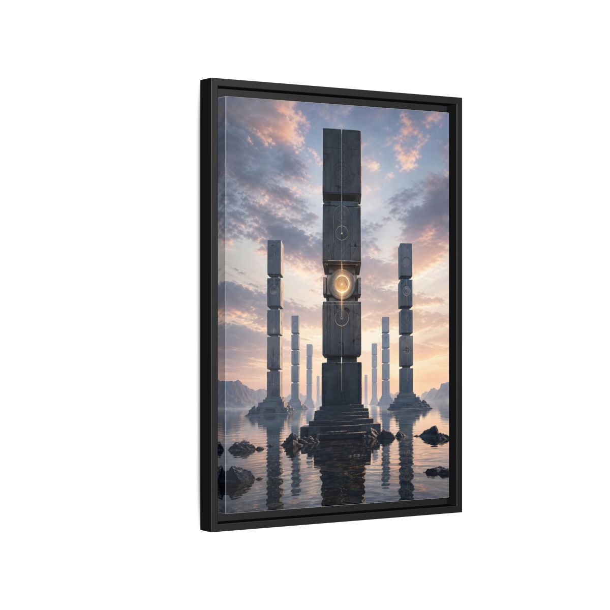 Science Fiction Monolithic Structures Grey and Framed Canvas Wall Art - Futuristic Decor for Living Room shown as canvas wall art