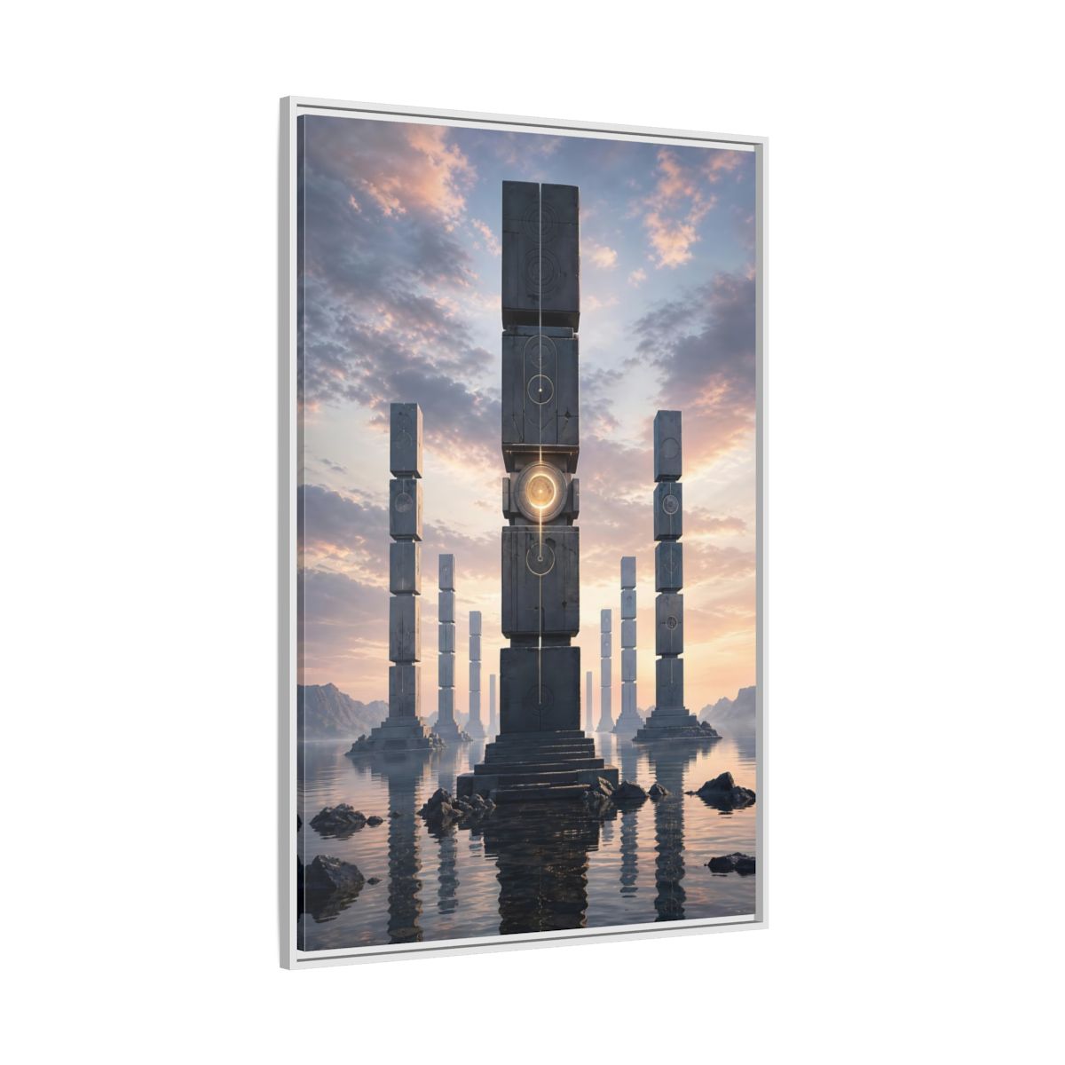 Science Fiction Monolithic Structures Grey and Framed Canvas Wall Art - Futuristic Decor for Living Room shown as canvas wall art