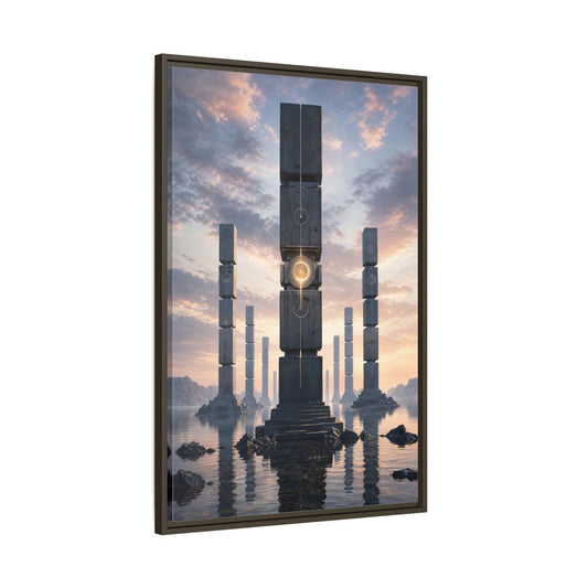 Main Mockup. Science Fiction Monolithic Structures Grey And Gold shown as stretched canvas wall art