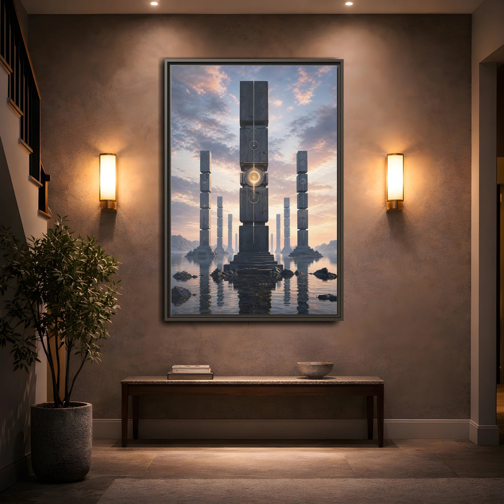 Mockup 2. Science Fiction Monolithic Structures Grey And Gold shown as stretched canvas wall art