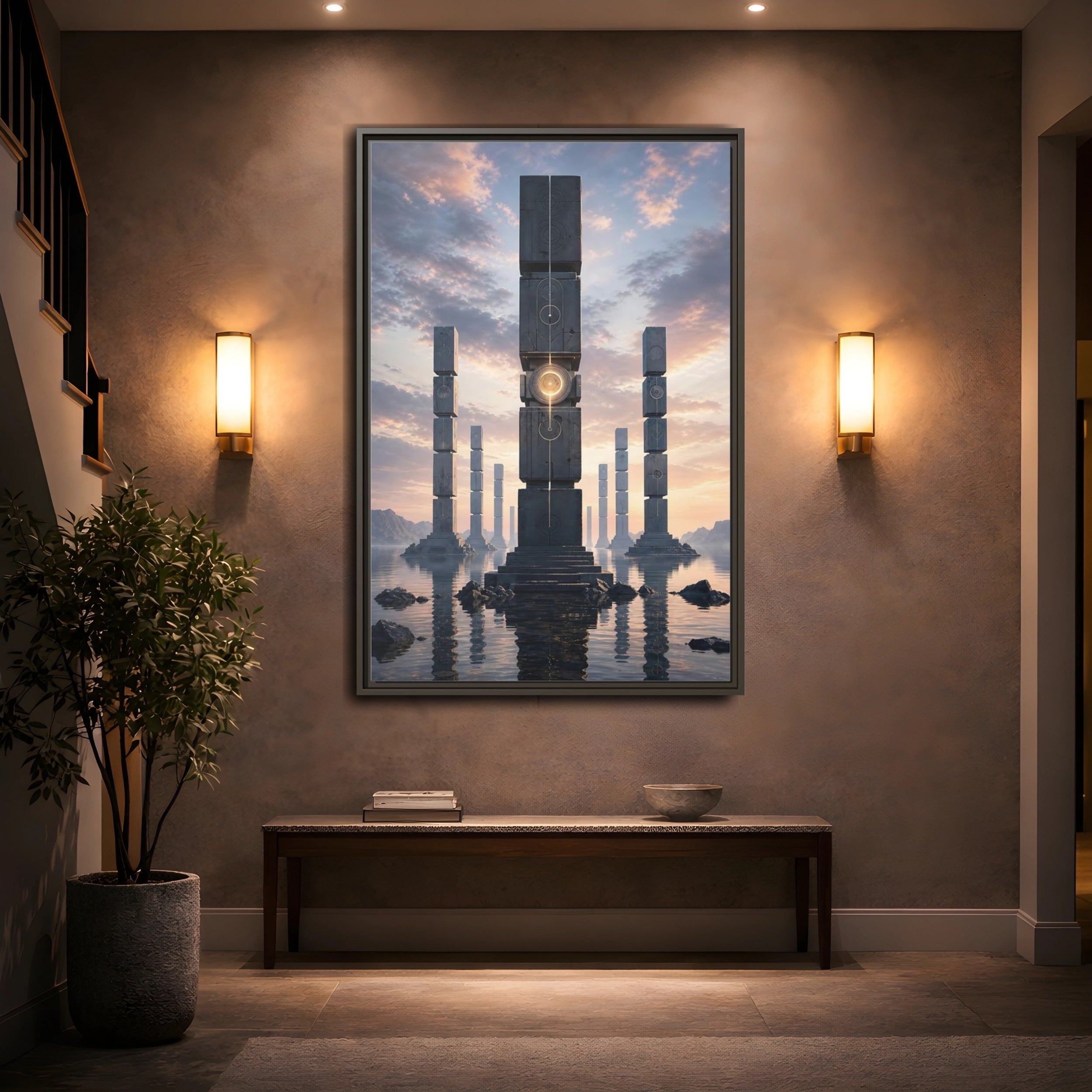 Mockup 2. Science Fiction Monolithic Structures Grey And Gold shown as stretched canvas wall art