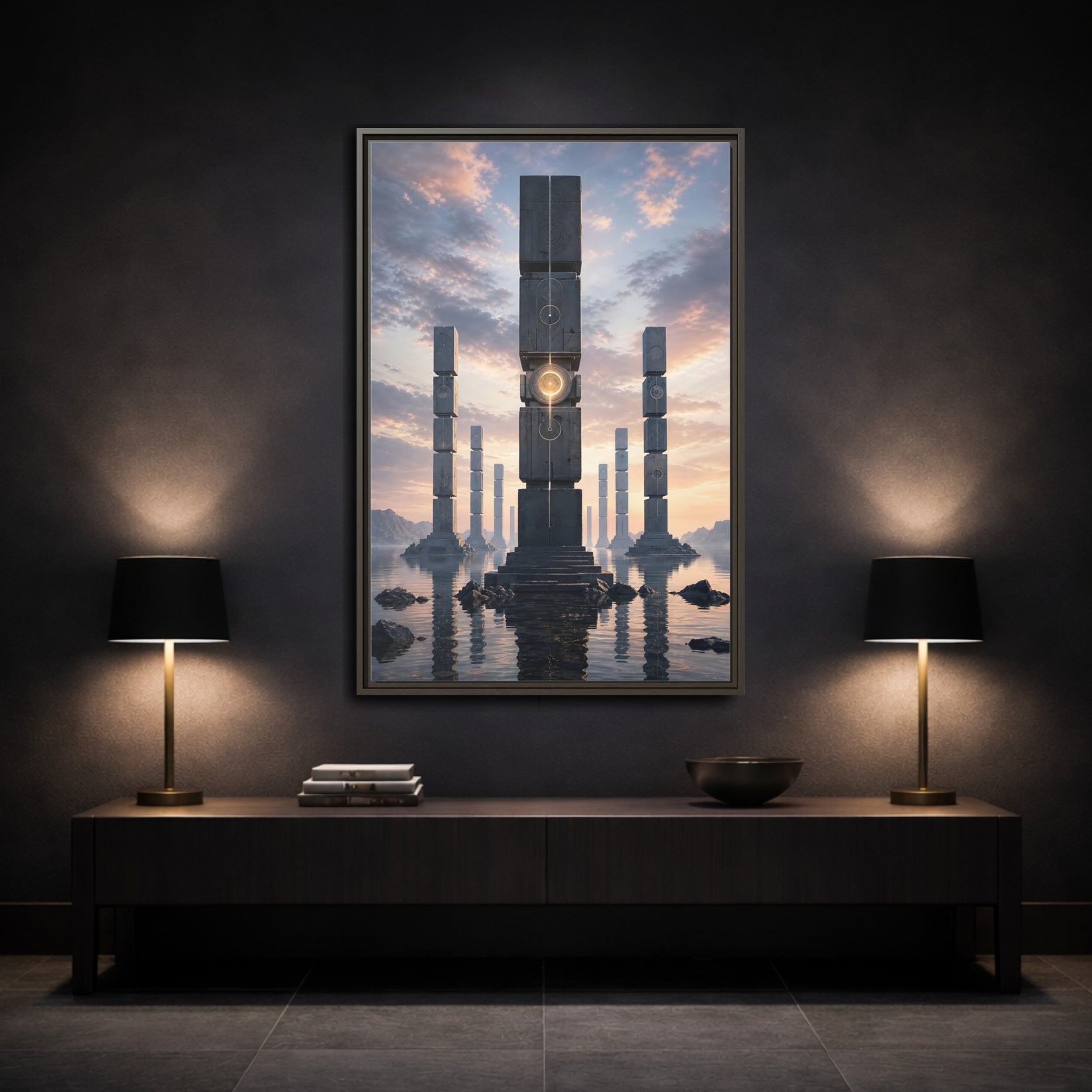 Mockup 3. Science Fiction Monolithic Structures Grey And Gold shown as stretched canvas wall art