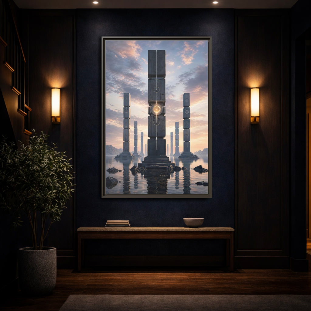 Mockup 4. Science Fiction Monolithic Structures Grey And Gold shown as stretched canvas wall art