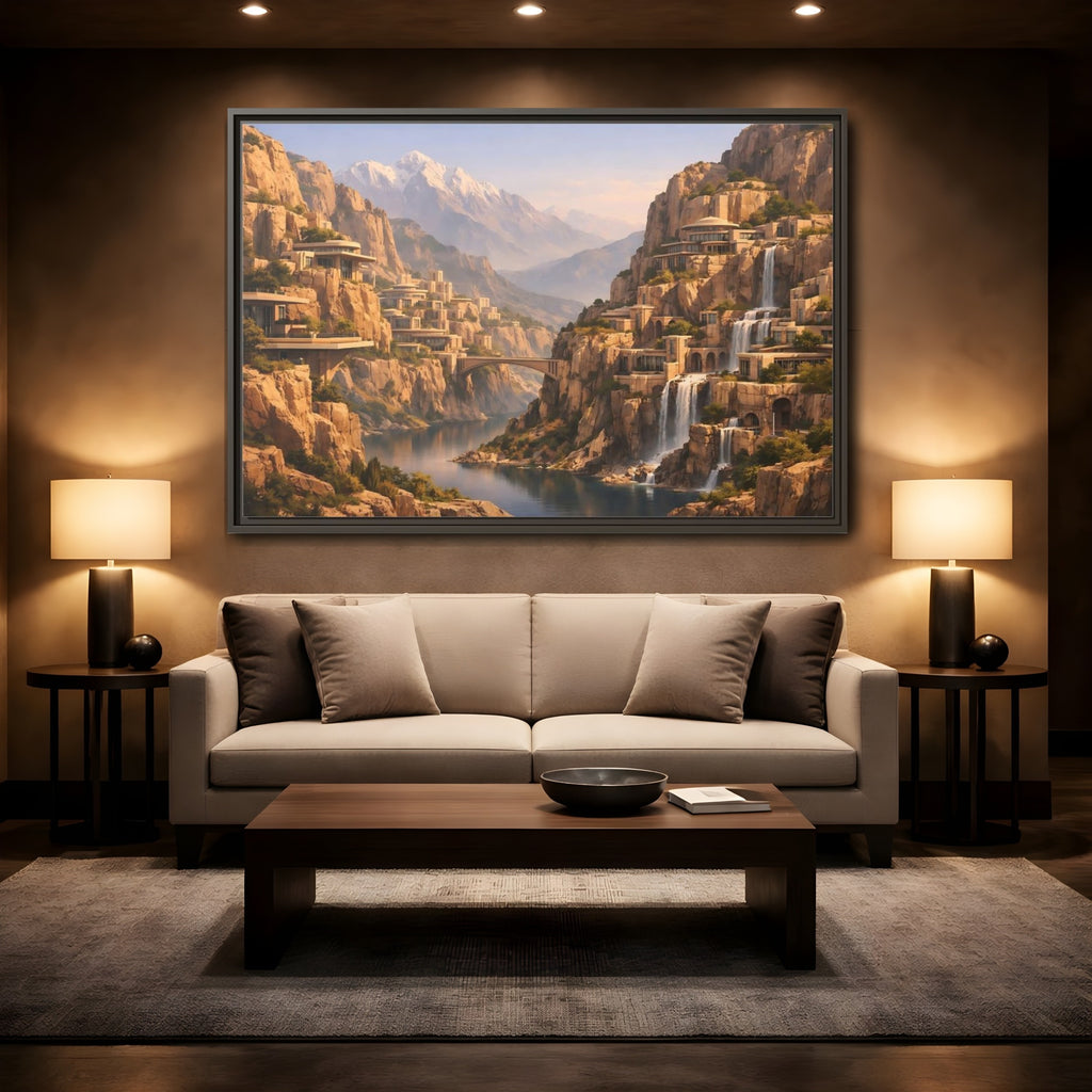 Mockup 2. Science Fiction Mountain City Mountain Waterfall City shown as stretched canvas wall art