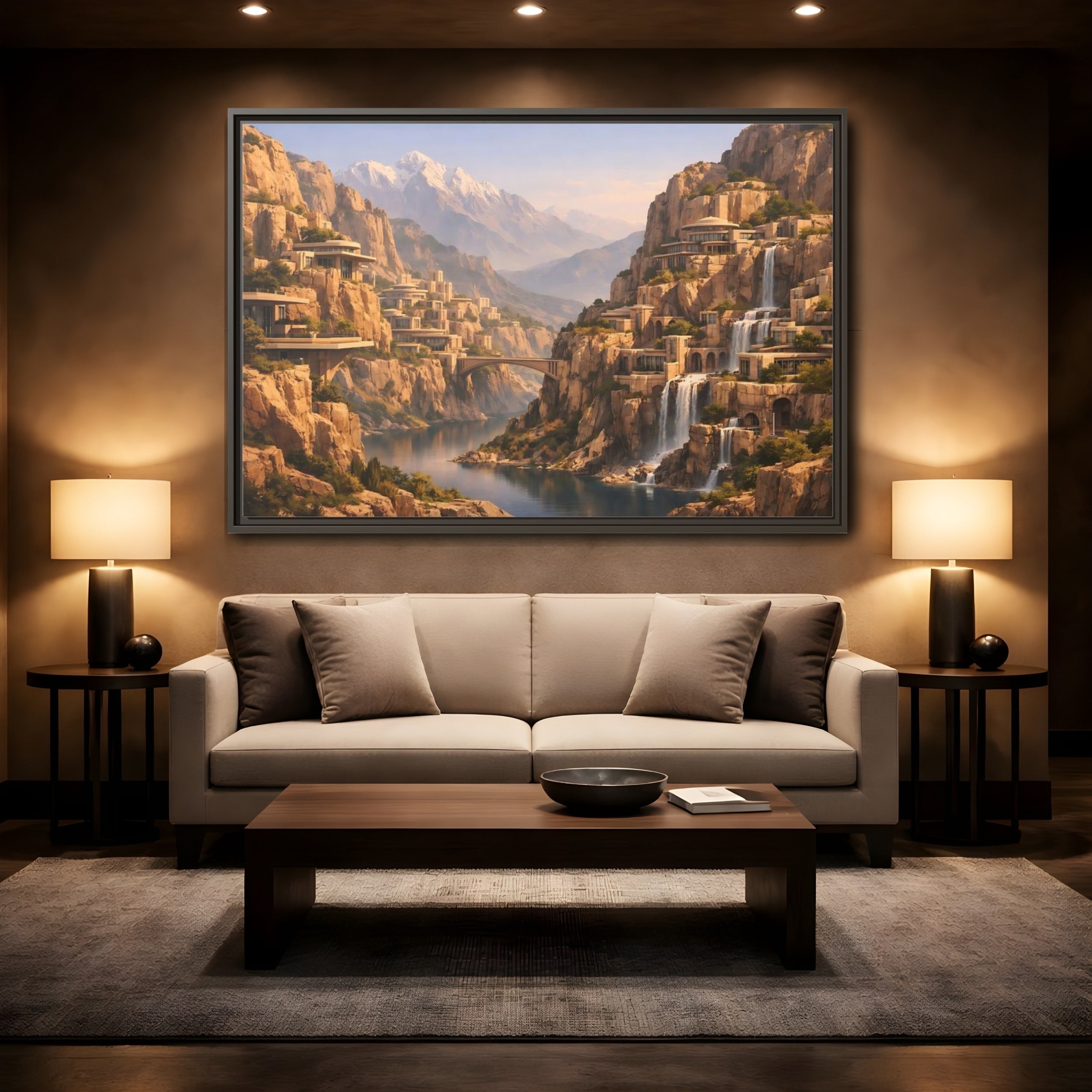 Mockup 2. Science Fiction Mountain City Mountain Waterfall City shown as stretched canvas wall art