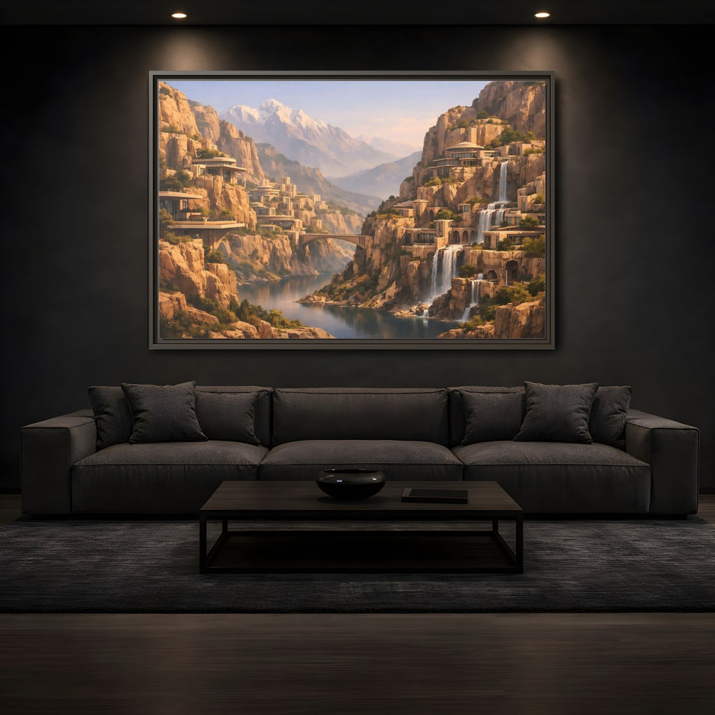 Mockup 3. Science Fiction Mountain City Mountain Waterfall City shown as stretched canvas wall art