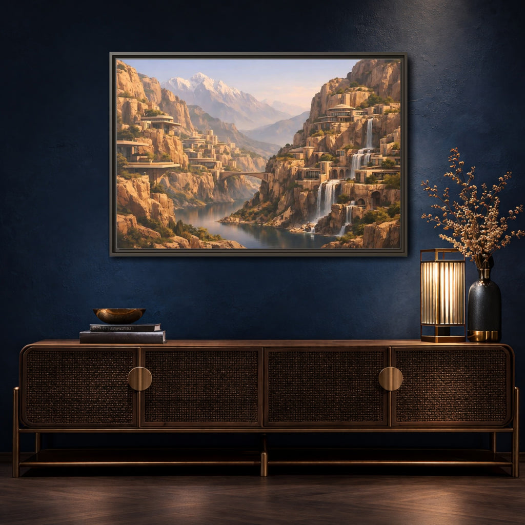 Mockup 4. Science Fiction Mountain City Mountain Waterfall City shown as stretched canvas wall art
