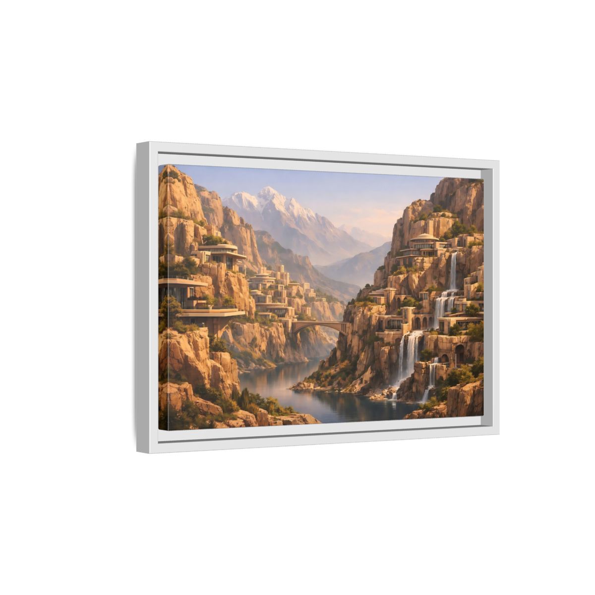 Side Mockup 4. Science Fiction Mountain City Mountain Waterfall City shown as stretched canvas wall art