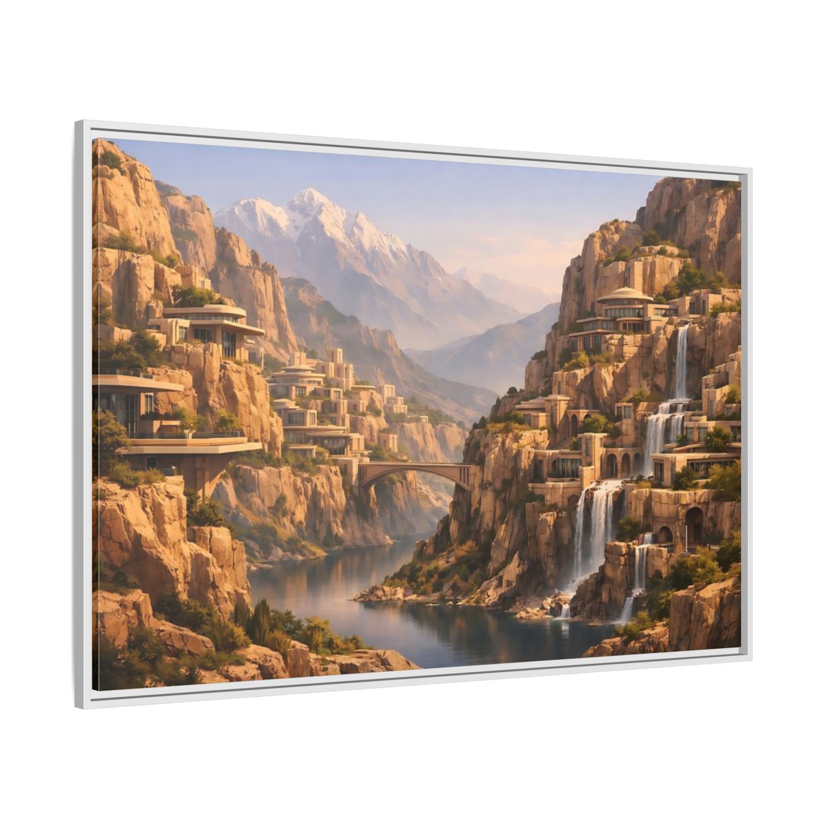 Side Mockup 7. Science Fiction Mountain City Mountain Waterfall City shown as stretched canvas wall art