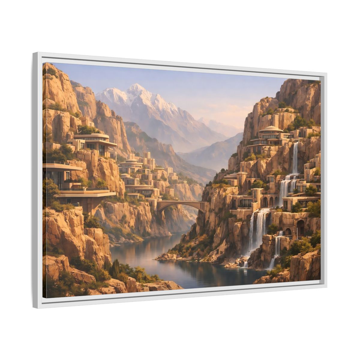 Side Mockup 9. Science Fiction Mountain City Mountain Waterfall City shown as stretched canvas wall art