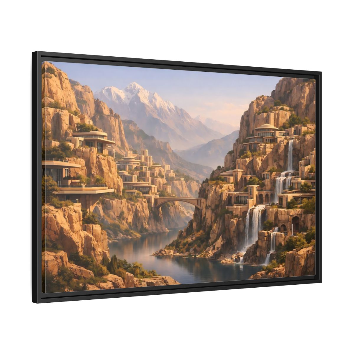 Side Mockup 13. Science Fiction Mountain City Mountain Waterfall City shown as stretched canvas wall art