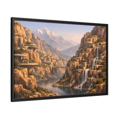 Side Mockup 13. Science Fiction Mountain City Mountain Waterfall City shown as stretched canvas wall art