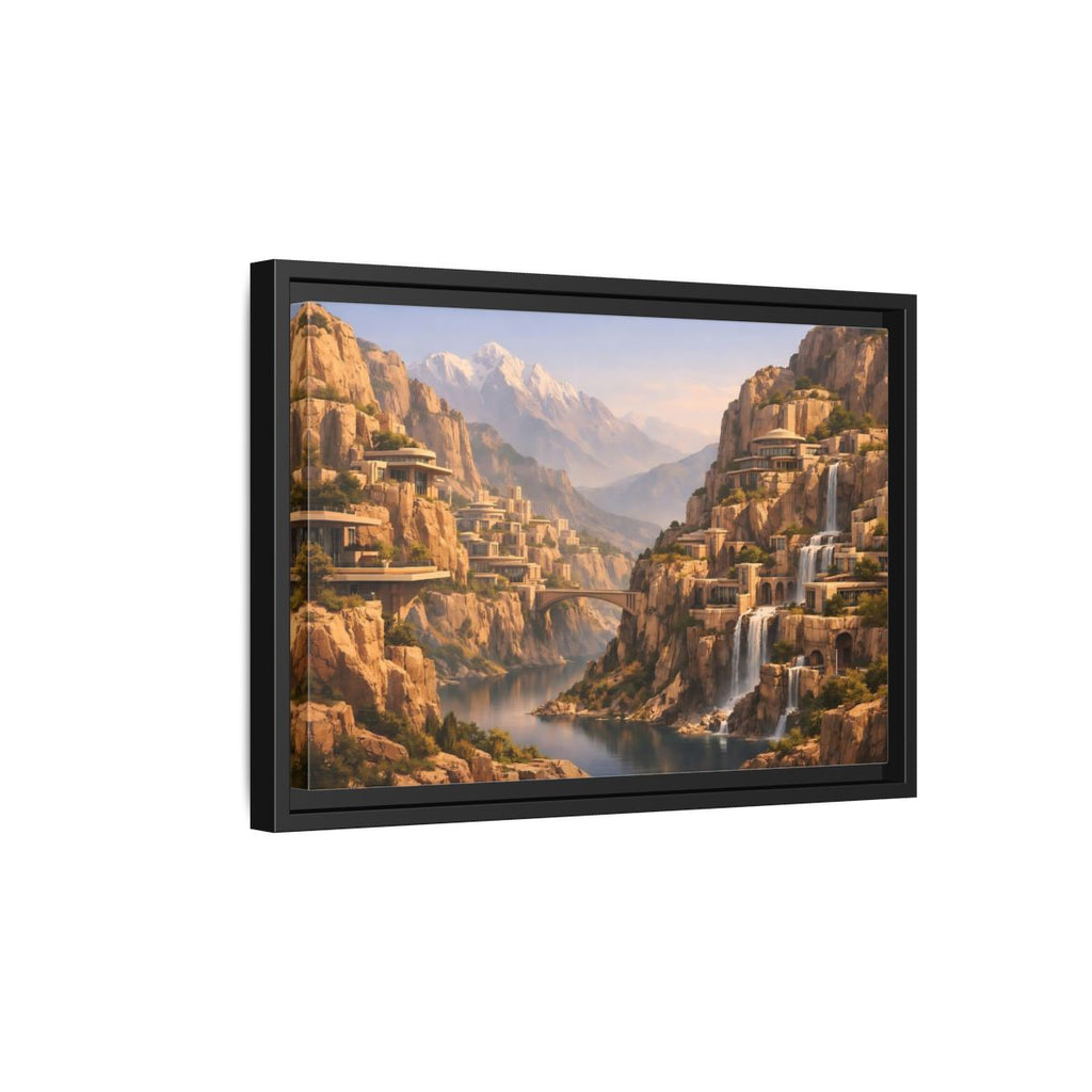 Side Mockup 6. Science Fiction Mountain City Mountain Waterfall City shown as stretched canvas wall art
