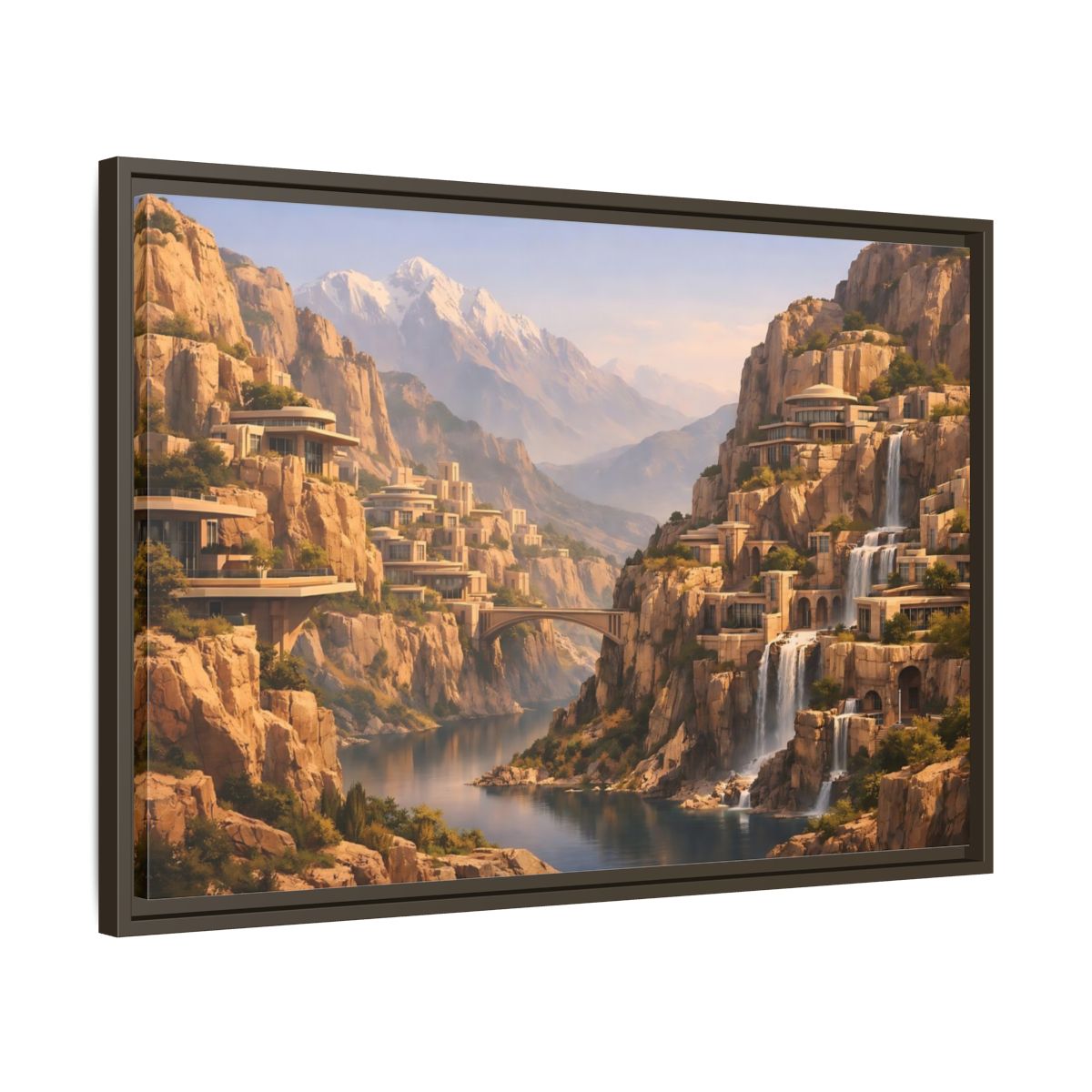 Side Mockup 11. Science Fiction Mountain City Mountain Waterfall City shown as stretched canvas wall art