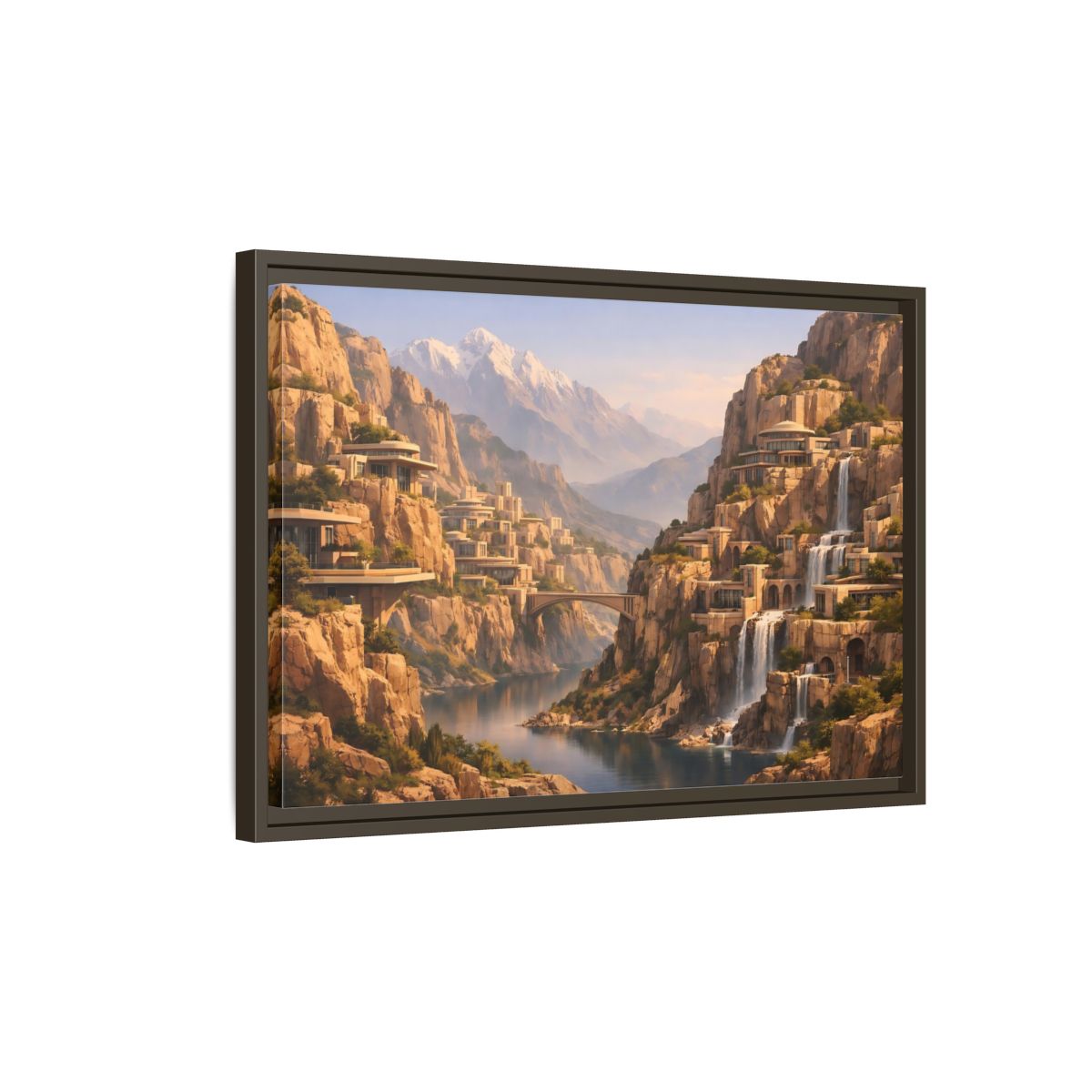 Side Mockup 2. Science Fiction Mountain City Mountain Waterfall City shown as stretched canvas wall art