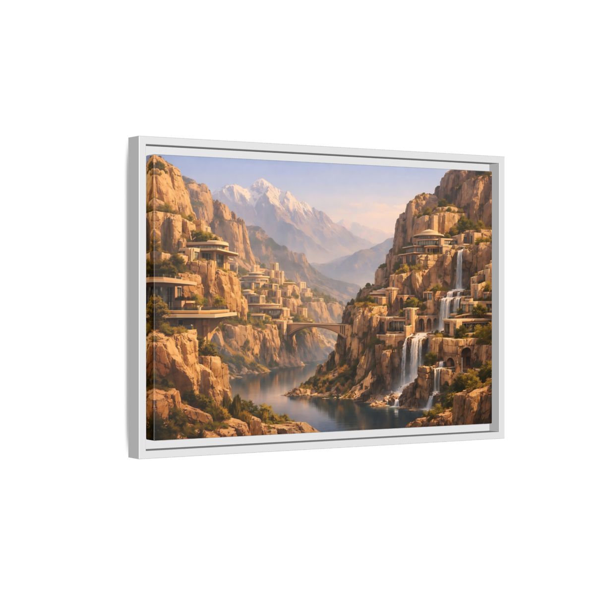 Side Mockup 1. Science Fiction Mountain City Mountain Waterfall City shown as stretched canvas wall art