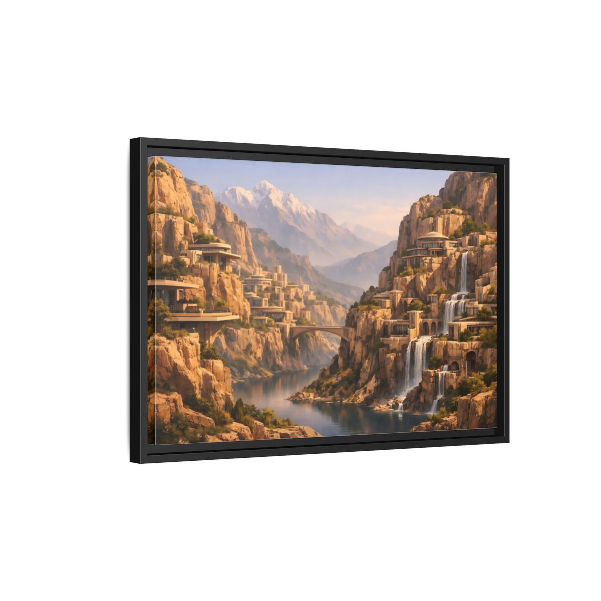 Side Mockup 3. Science Fiction Mountain City Mountain Waterfall City shown as stretched canvas wall art