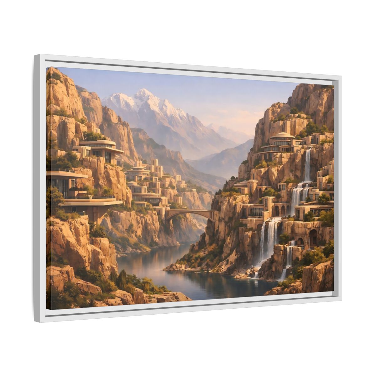 Side Mockup 10. Science Fiction Mountain City Mountain Waterfall City shown as stretched canvas wall art