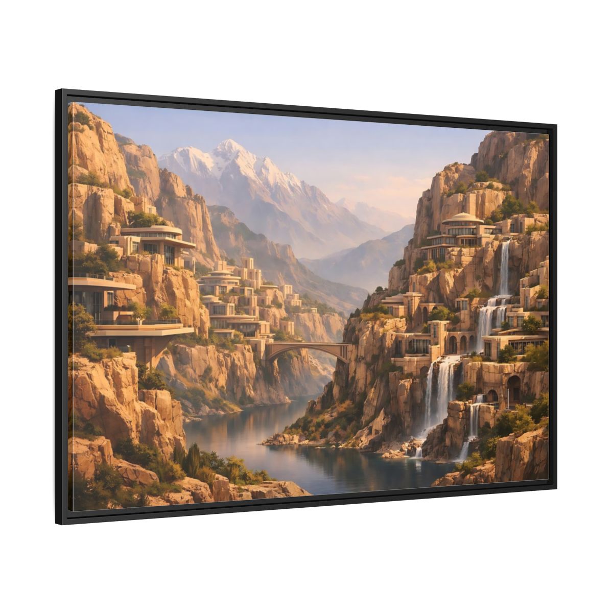 Side Mockup 12. Science Fiction Mountain City Mountain Waterfall City shown as stretched canvas wall art