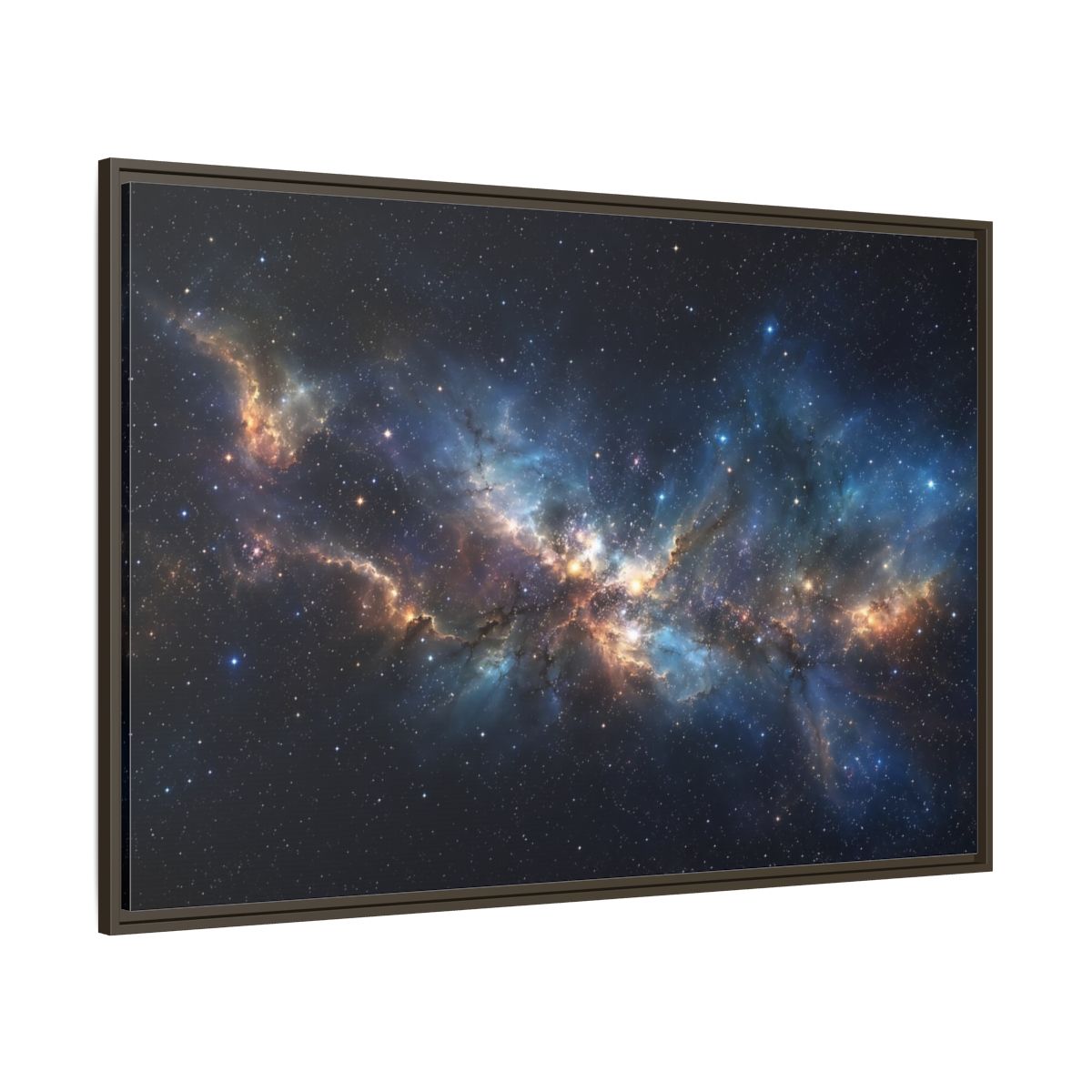 Side Mockup 8. Science Fiction Nebula Blue And Orange Nebula shown as stretched canvas wall art