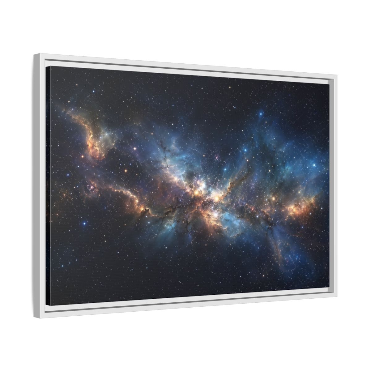 Side Mockup 10. Science Fiction Nebula Blue And Orange Nebula shown as stretched canvas wall art