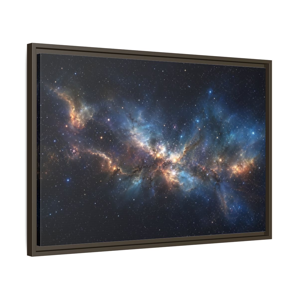 Side Mockup 11. Science Fiction Nebula Blue And Orange Nebula shown as stretched canvas wall art
