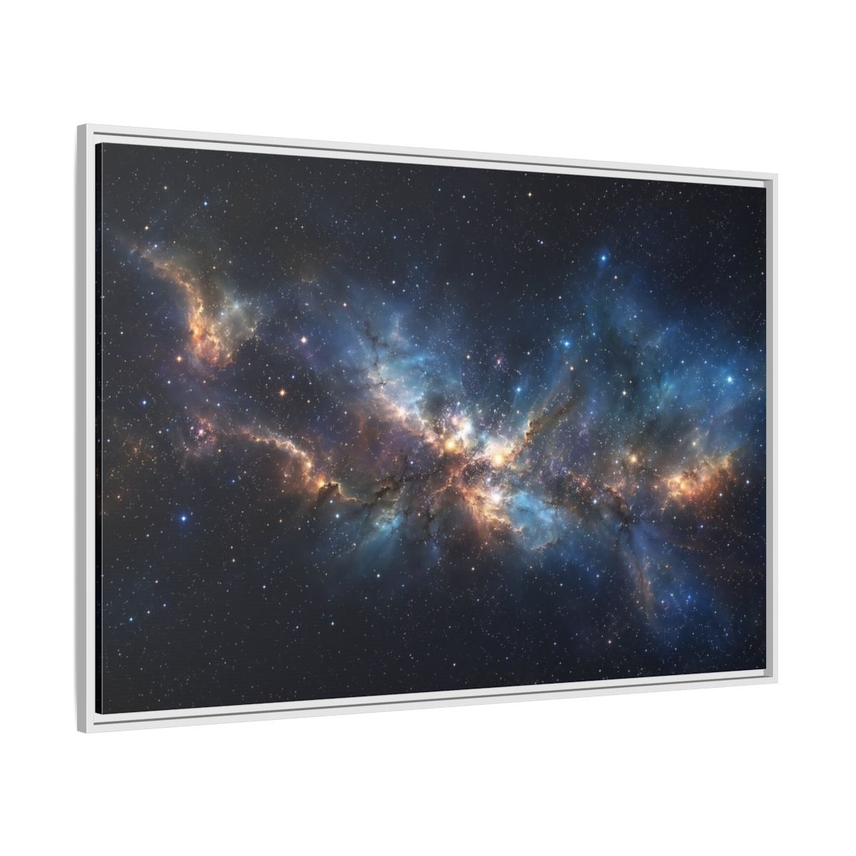 Side Mockup 7. Science Fiction Nebula Blue And Orange Nebula shown as stretched canvas wall art
