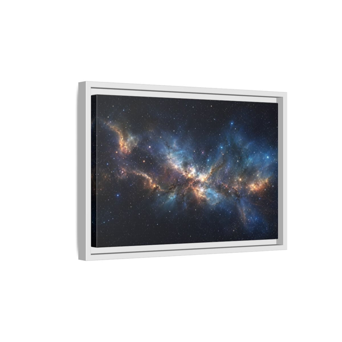 Side Mockup 4. Science Fiction Nebula Blue And Orange Nebula shown as stretched canvas wall art