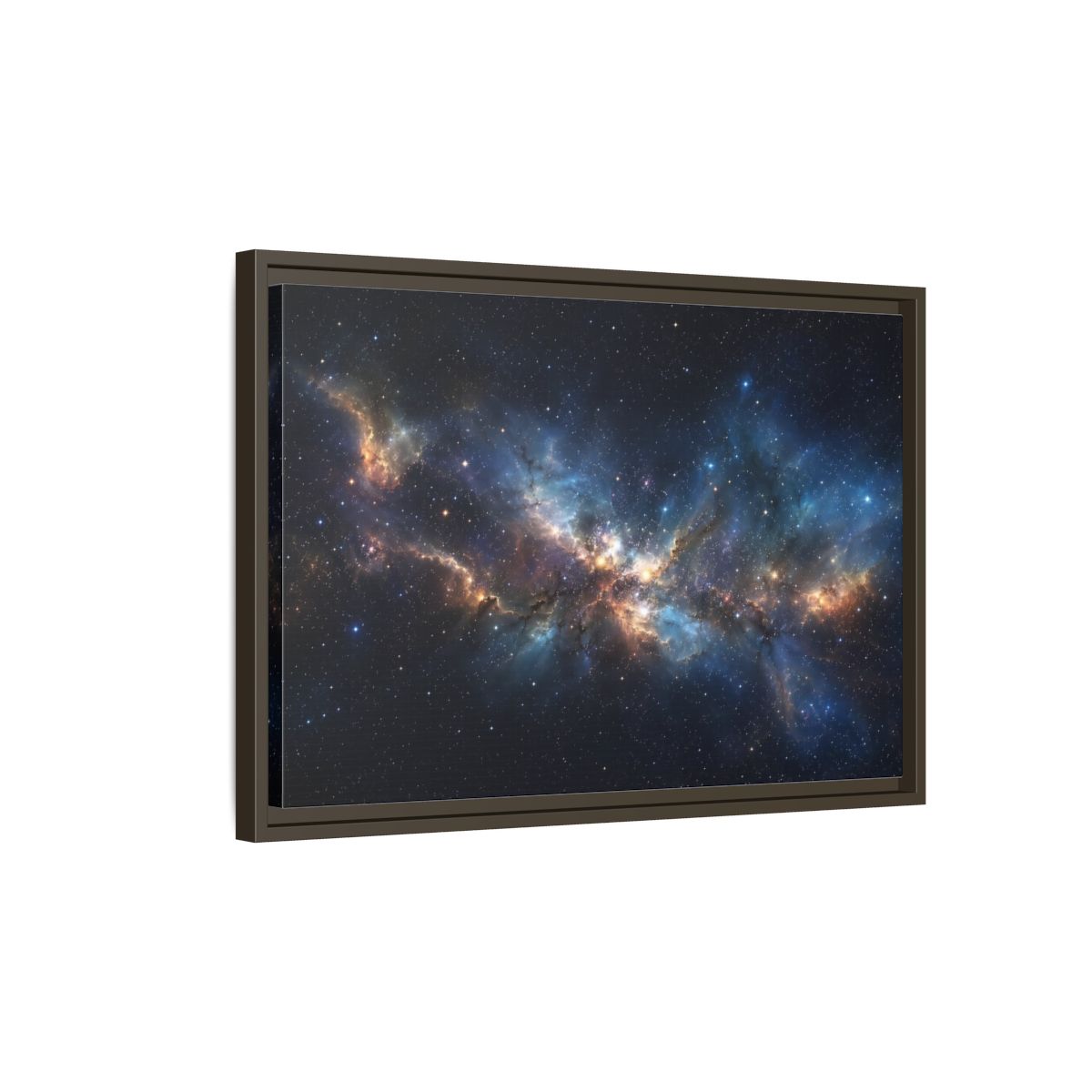 Side Mockup 2. Science Fiction Nebula Blue And Orange Nebula shown as stretched canvas wall art