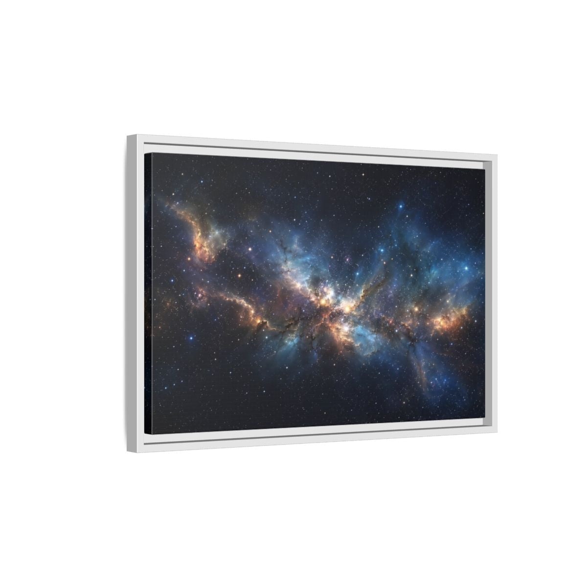 Side Mockup 1. Science Fiction Nebula Blue And Orange Nebula shown as stretched canvas wall art