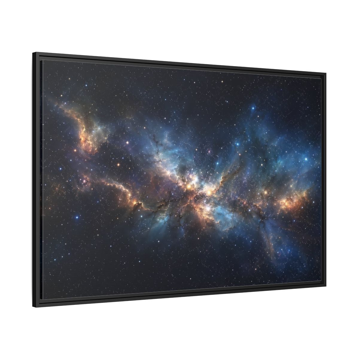 Side Mockup 12. Science Fiction Nebula Blue And Orange Nebula shown as stretched canvas wall art