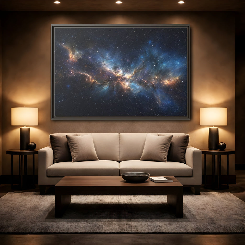 Mockup 2. Science Fiction Nebula Blue And Orange Nebula shown as stretched canvas wall art