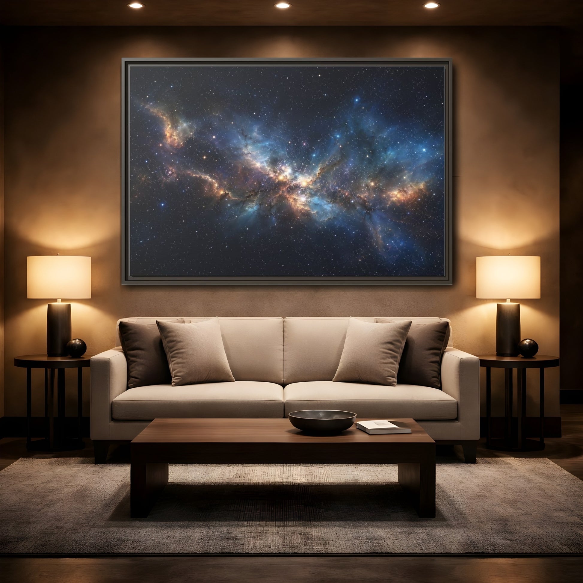 Mockup 2. Science Fiction Nebula Blue And Orange Nebula shown as stretched canvas wall art