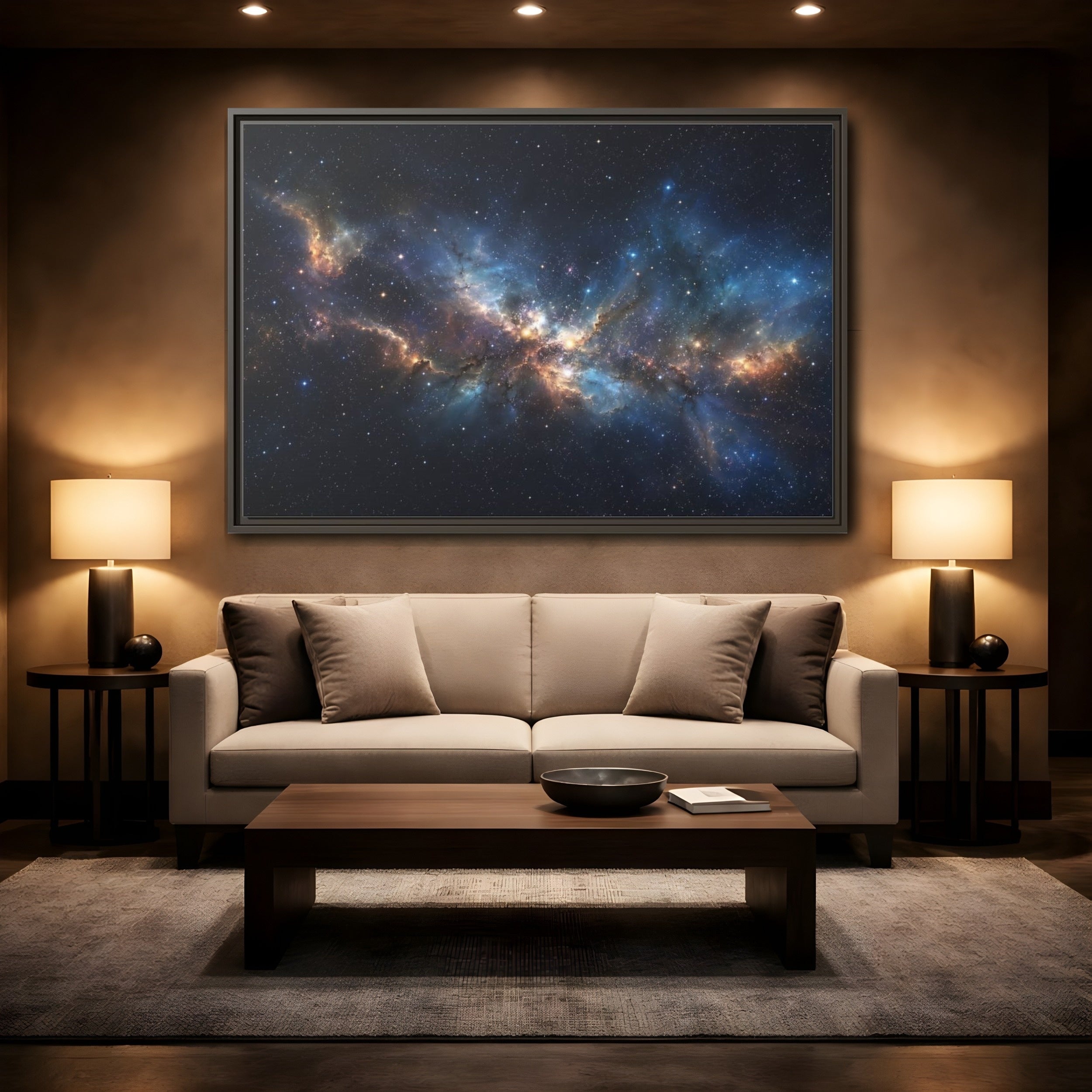Mockup 2. Science Fiction Nebula Blue And Orange Nebula shown as stretched canvas wall art