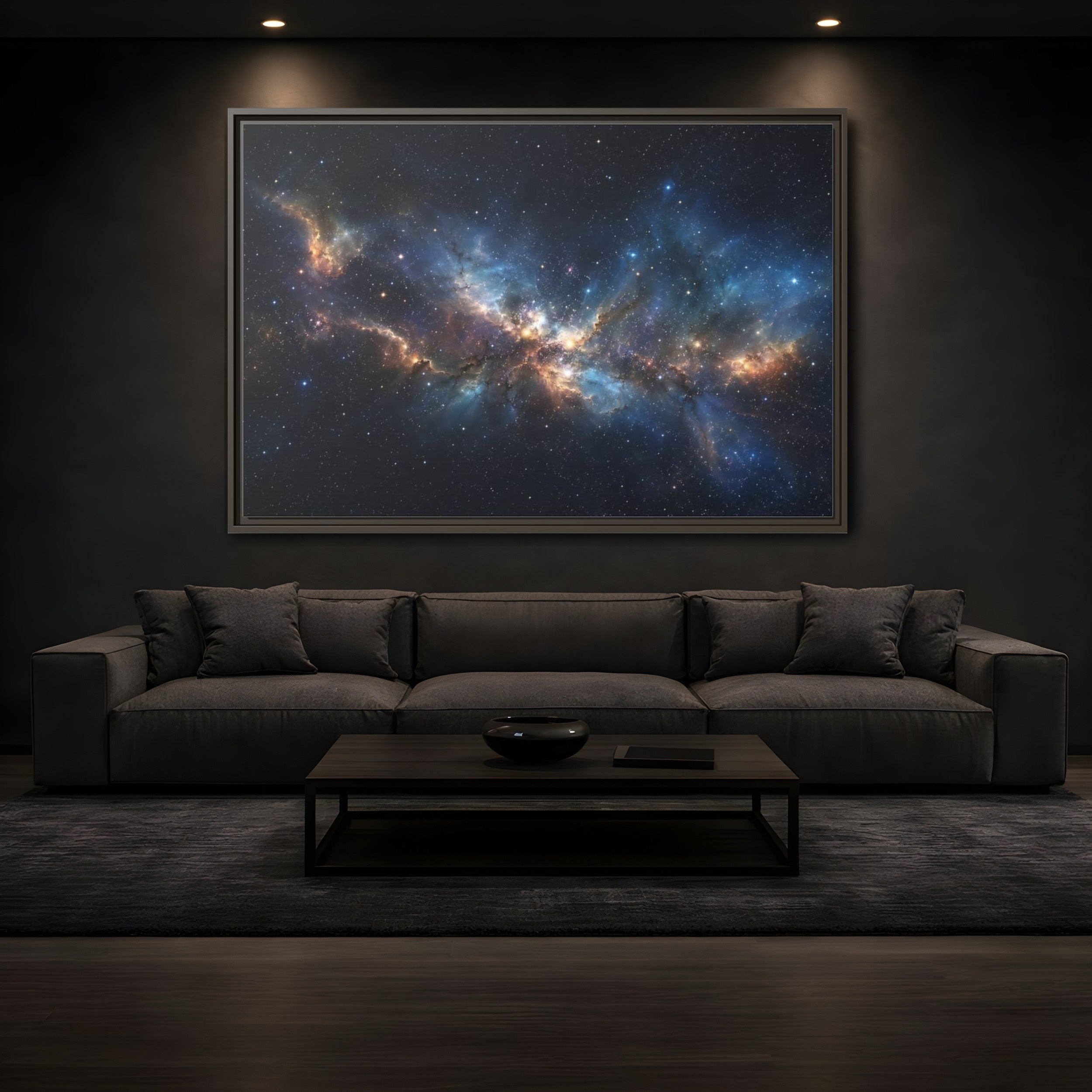 Mockup 3. Science Fiction Nebula Blue And Orange Nebula shown as stretched canvas wall art