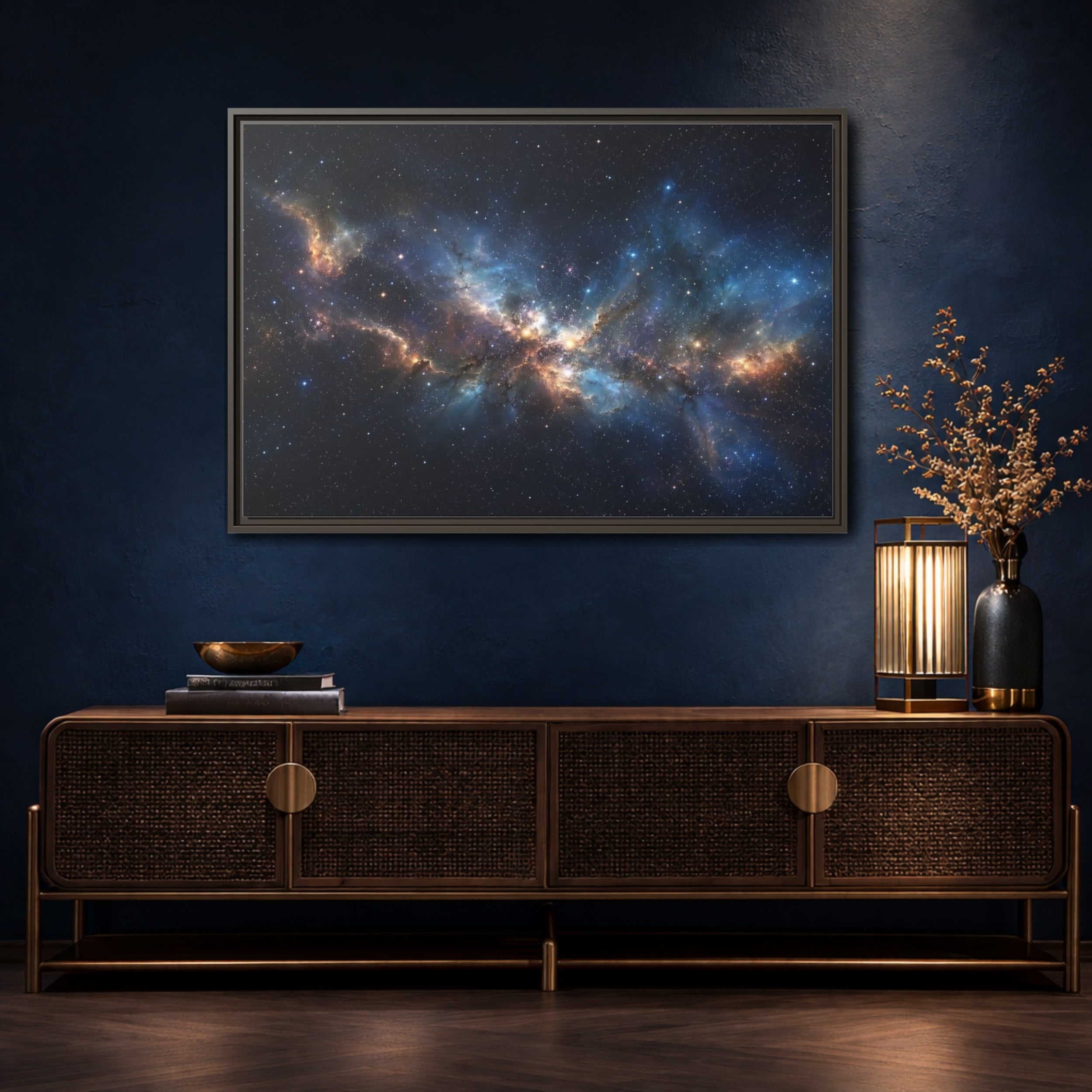 Mockup 4. Science Fiction Nebula Blue And Orange Nebula shown as stretched canvas wall art