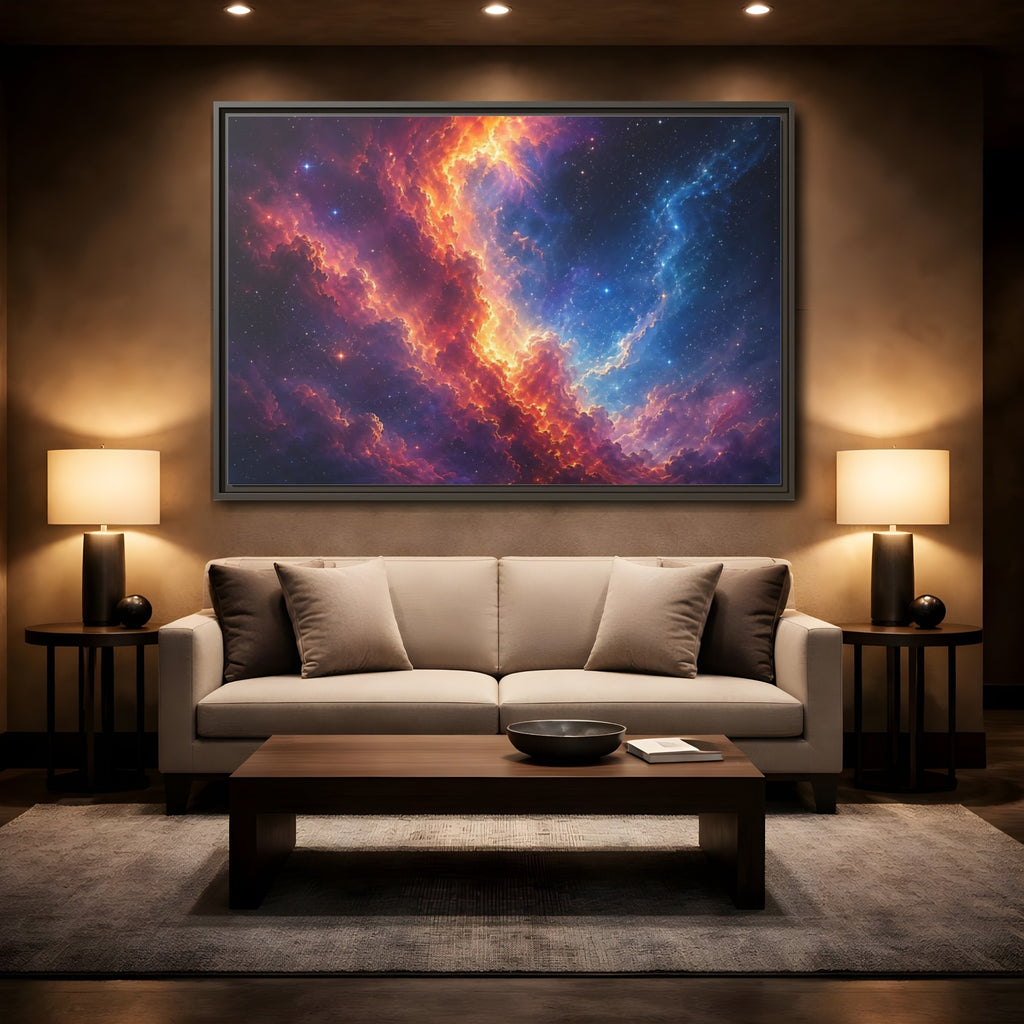 Mockup 2. Science Fiction Nebula Vibrant Nebula shown as stretched canvas wall art