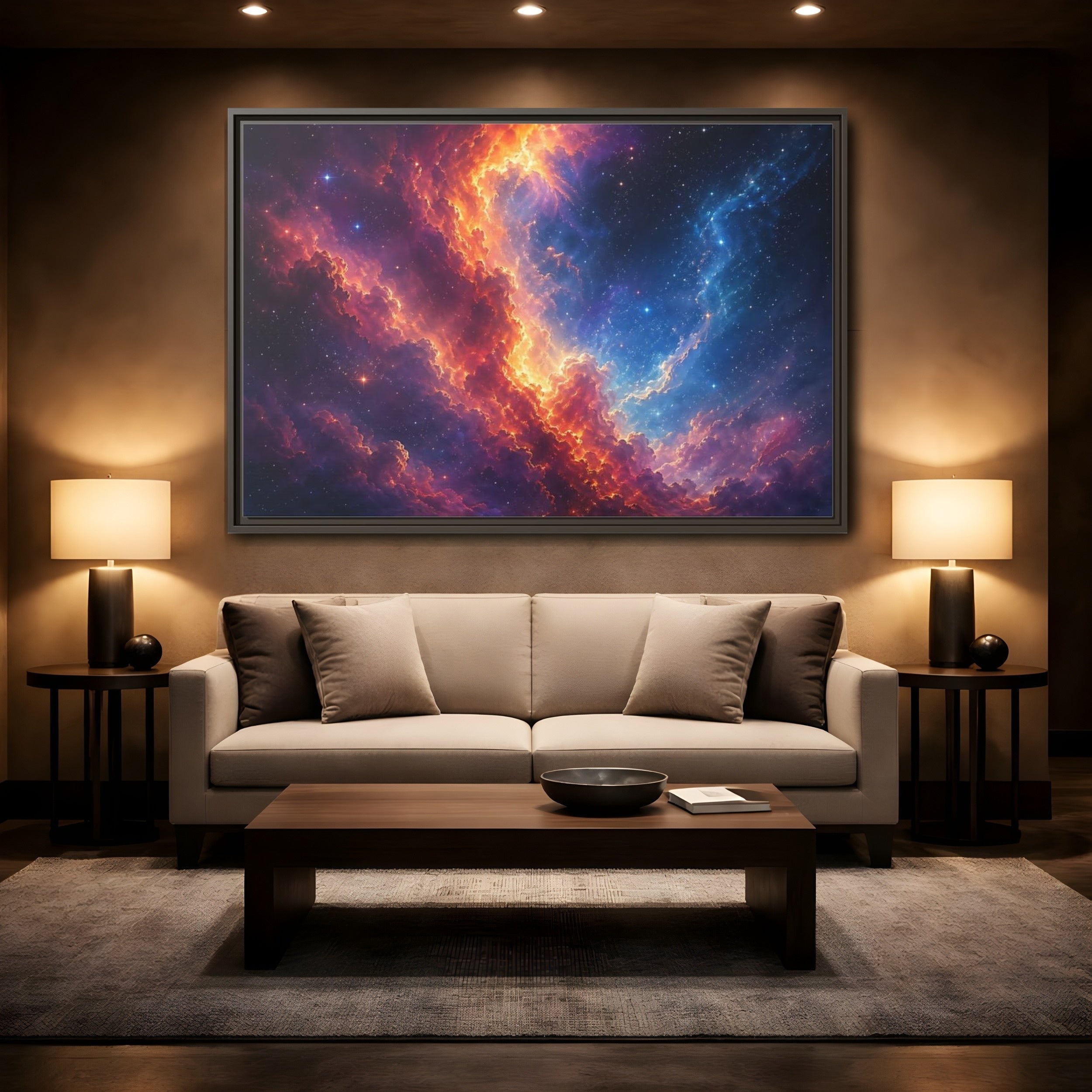 Mockup 2. Science Fiction Nebula Vibrant Nebula shown as stretched canvas wall art