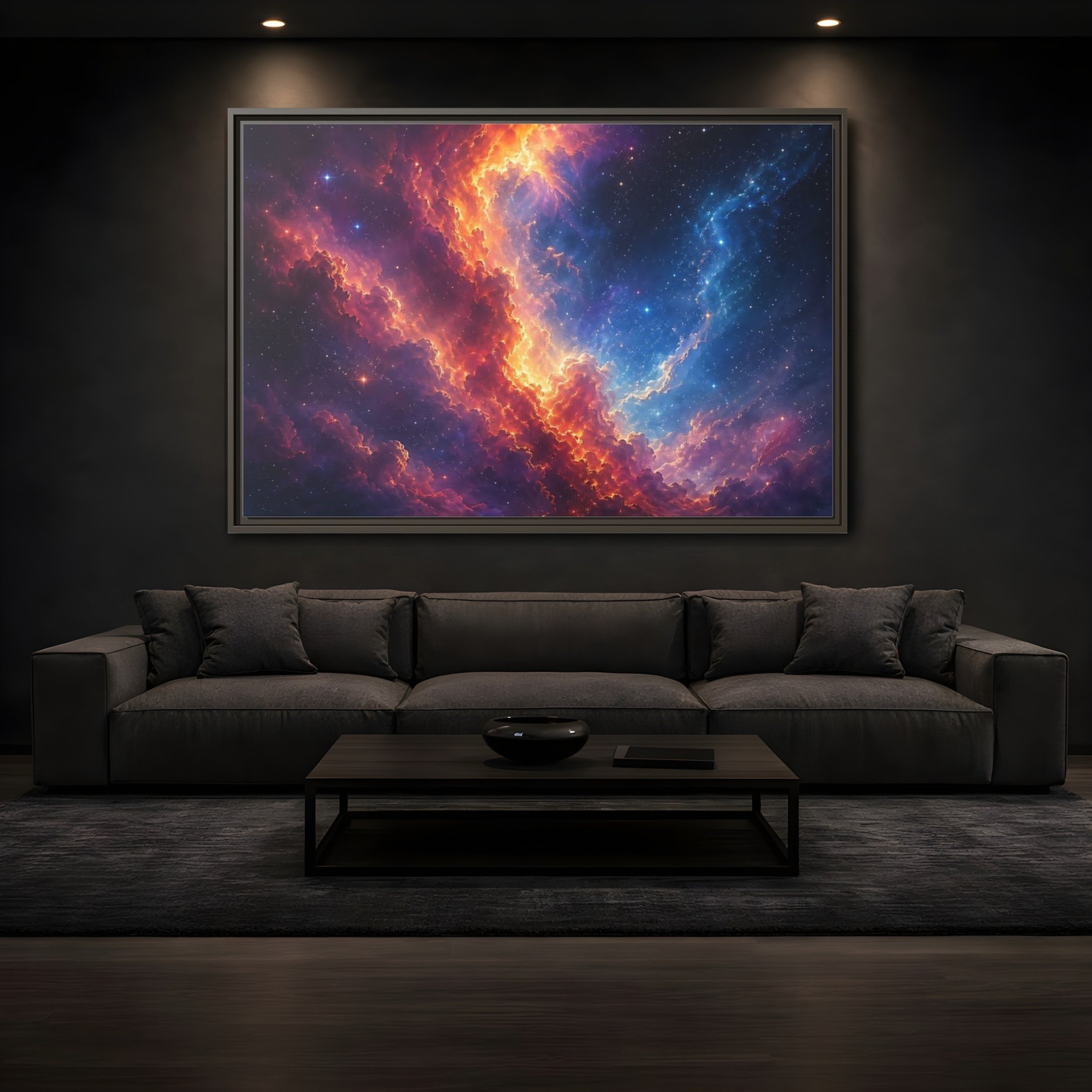 Mockup 3. Science Fiction Nebula Vibrant Nebula shown as stretched canvas wall art