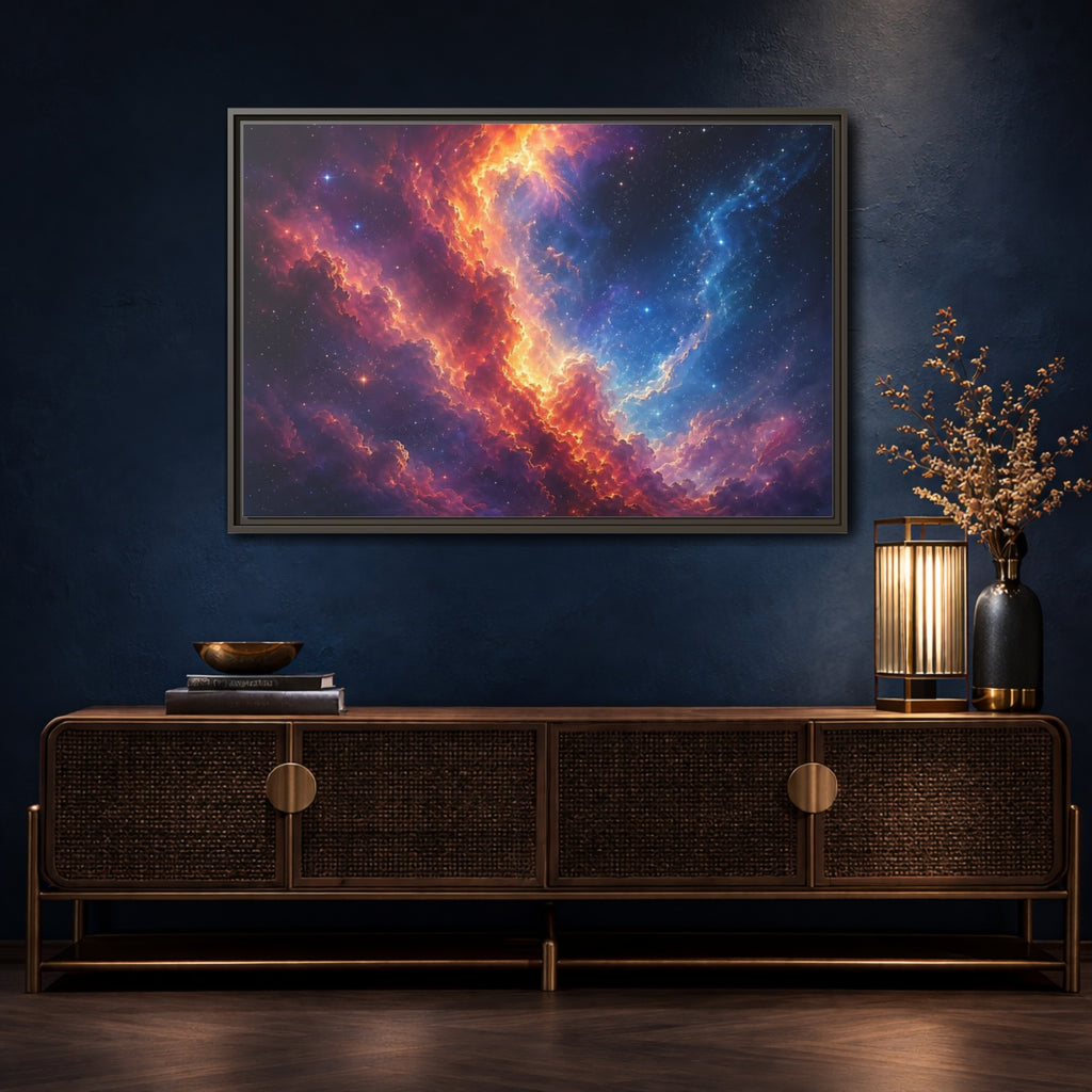 Mockup 4. Science Fiction Nebula Vibrant Nebula shown as stretched canvas wall art