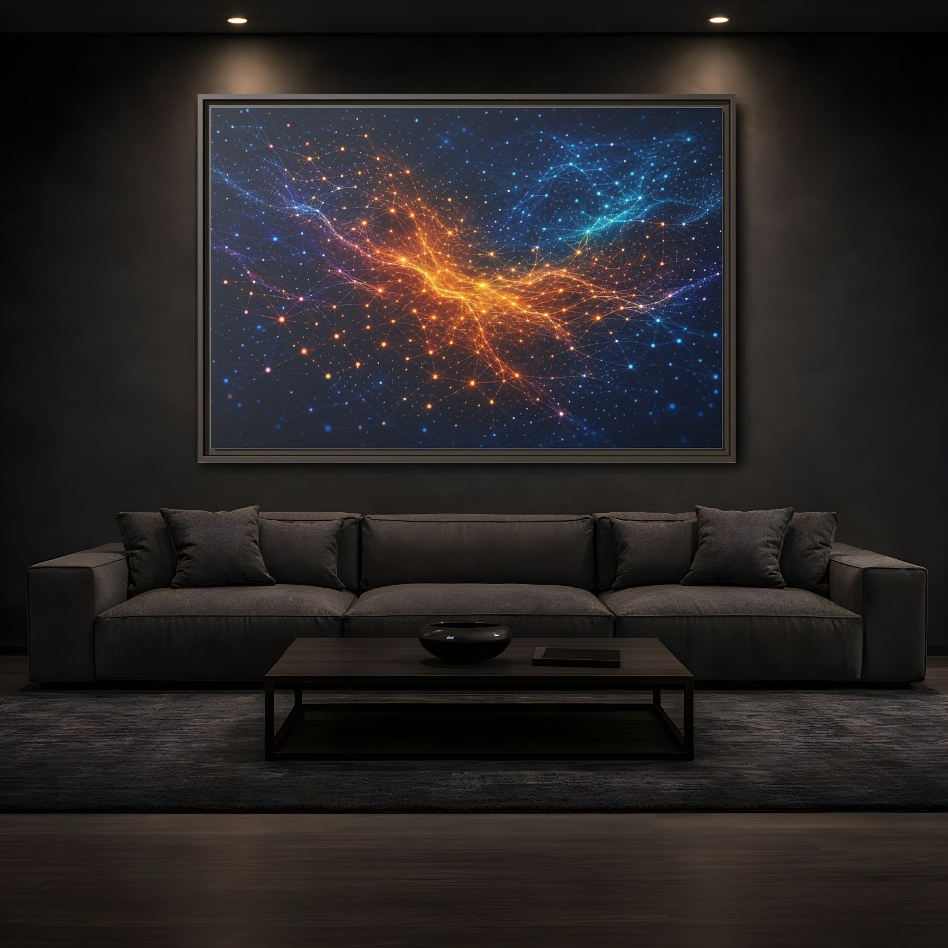 Mockup 3. Science Fiction Network Blue Orange Network shown as stretched canvas wall art