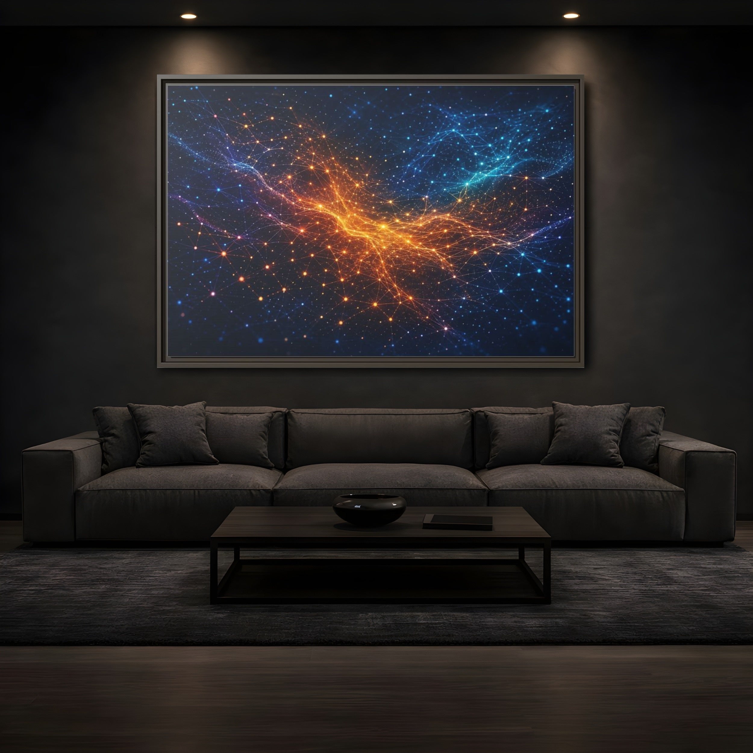 Mockup 3. Science Fiction Network Blue Orange Network shown as stretched canvas wall art