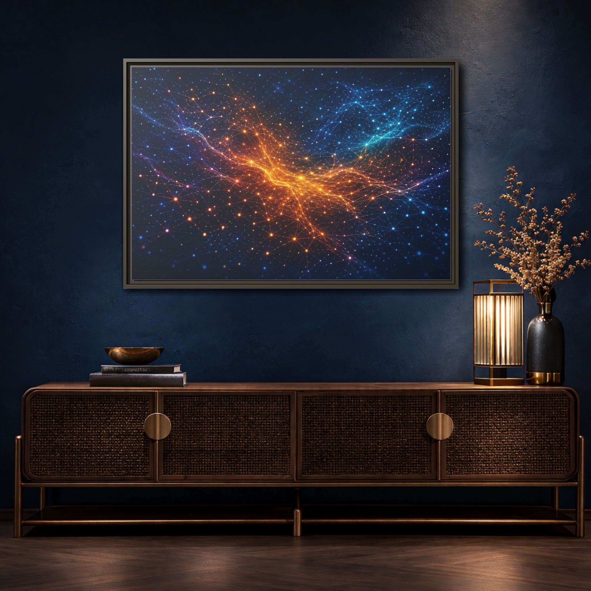 Mockup 4. Science Fiction Network Blue Orange Network shown as stretched canvas wall art