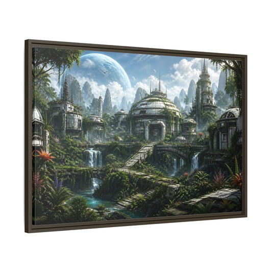 Main Mockup. Science Fiction Overgrown City Sci-Fi Landscape shown as stretched canvas wall art