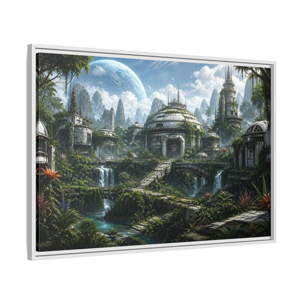 Side Mockup 9. Science Fiction Overgrown City Sci-Fi Landscape shown as stretched canvas wall art